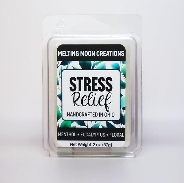 Stress Relief wax melt sitting on white backdrop. Label designed by Melting Moon Creations.