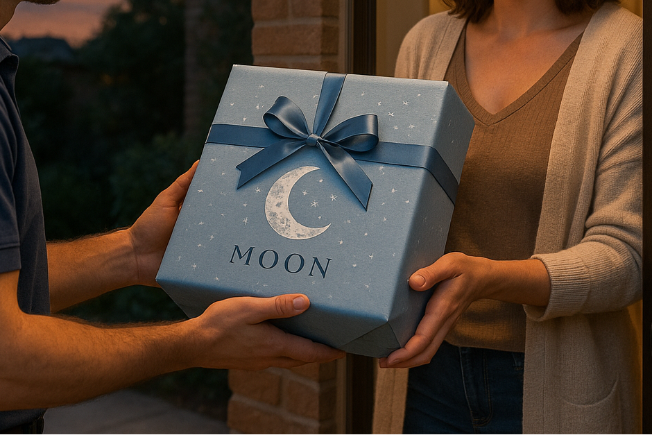 Man delivering a gift box with 'MOON' branding to a woman at a doorstep.