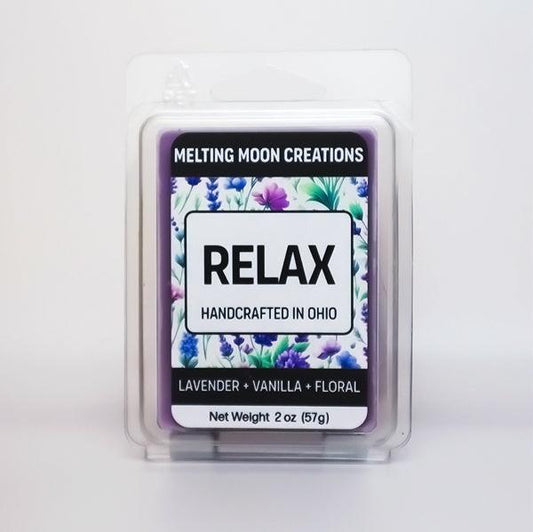 Relax wax melt sitting on white backdrop. Labeled by Melting Moon Creations.